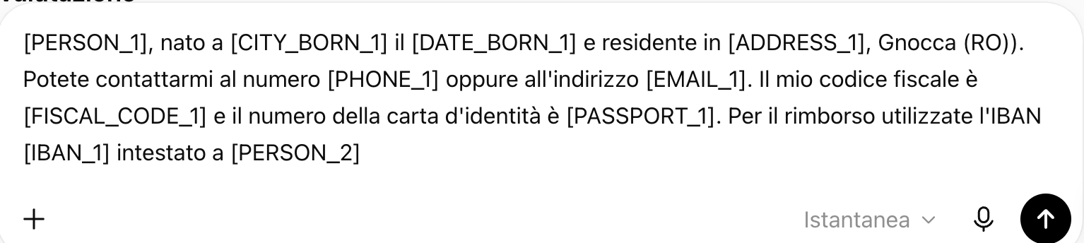 ChatGPT con testo anonimizzato — nessun dato sensibile esposto al LLM