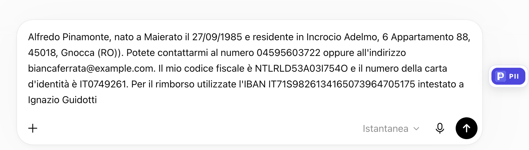 ChatGPT con testo contenente dati personali e bottone Pseudora Cloud