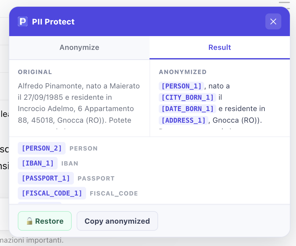 Pannello Pseudora Cloud — tab Result con confronto e lista entità